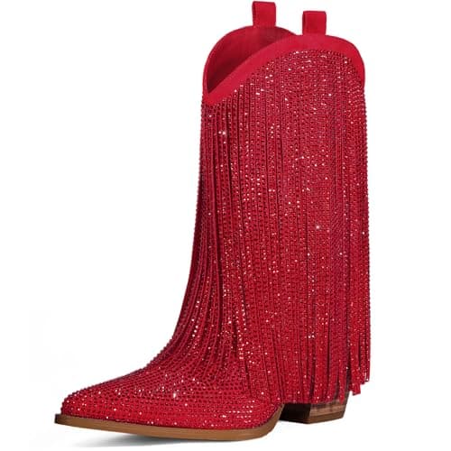 HICLOTSA Sparkly Rhinestone Western Ankle Boots for Women — Red