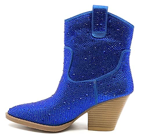 Forever Women's Rhinestone Mid-Calf Knee High Ankle Booties — Royal Blue Rhinestone