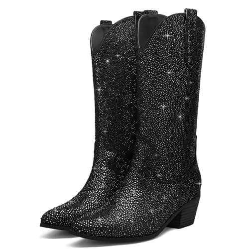 Sparkle Rhinestone Cowboy Boots for Women Western Mid Calf Glitter Pull-on Zipper Boots — Black