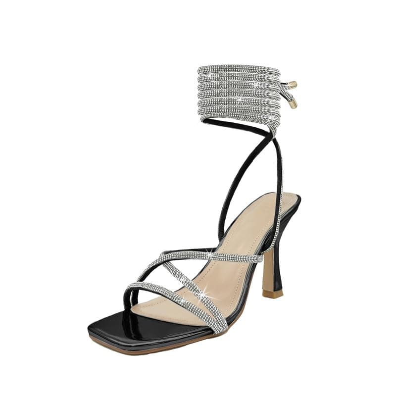 Baffoloo Women's Rhinestone Strappy Stiletto Heeled Square Toe Sandals
