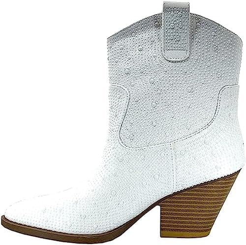 Forever Women's Rhinestone Mid-Calf Knee High Ankle Booties — Ivory Rhinestone