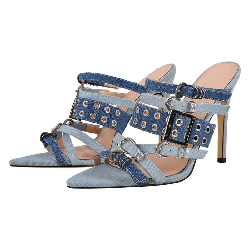 Richealnana Women's Denim Cloth Slip-On Strappy Pointy Toe Sandals
