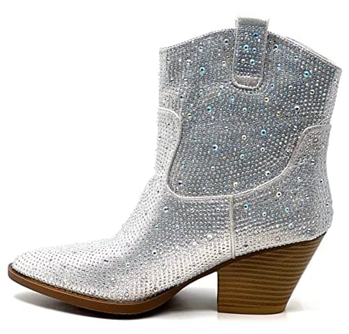 Forever Women's Rhinestone Mid-Calf Knee High Ankle Booties — Silver Rhinestone