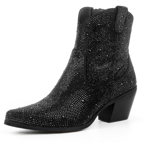 MISSMILLER Women's Sparkly Rhinestone Cowgirl Boots Pointed Toe Chunky Heels