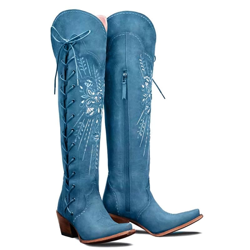 Yolkomo Wide Calf Embroidered Western Cowgirl Boots — Blue