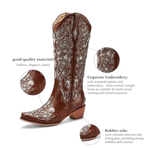 LingxiaUne Women's Sparkly Rhinestone Cowboy Boots Trendy Vintage Glitter Heel