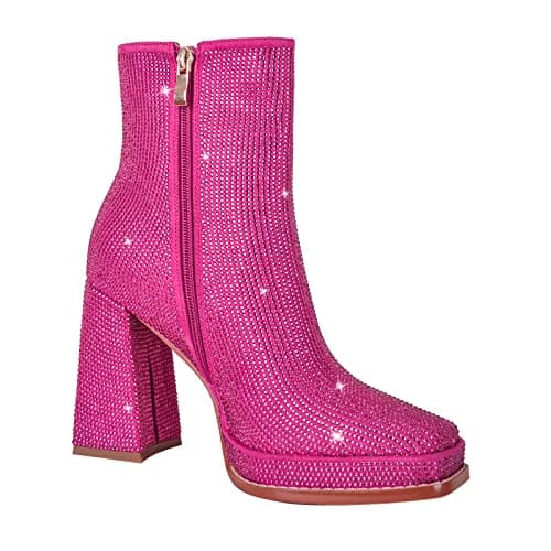 Richealnana Women's Rose Gold Chunky Heel Rhinestones Ankle Booties US 11