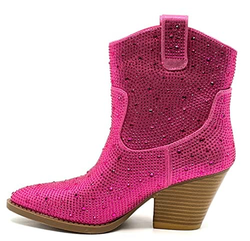 Forever Women's Rhinestone Mid-Calf Knee High Ankle Booties — Fuchsia Rhinestone