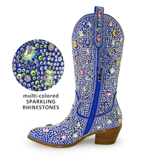 KEEISEA Women's Sparkle Rhinestone Cowboy Boots Wide Glitter Fashion Party