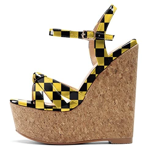 YODEKS Women's Platform Wedge Sandals-Ankle Strap Heel — Checkered Yellow