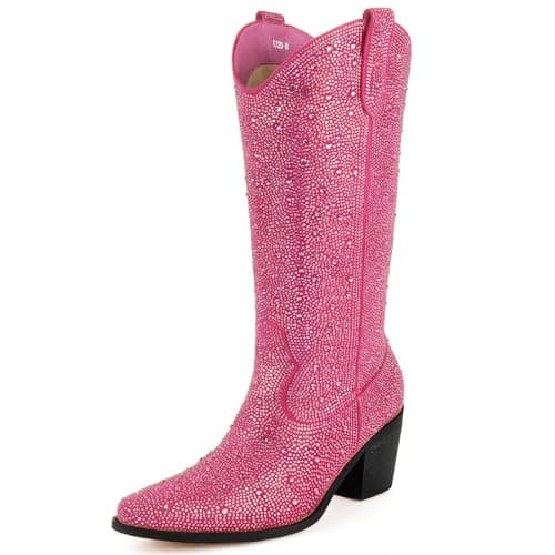 MissMiller Women's Sparkly Rhinestone Mid-Calf Cowboy Boots with Pull-On Tabs — Rose Red