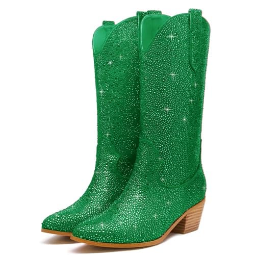 Sparkle Rhinestone Cowboy Boots for Women Western Mid Calf Glitter Pull-on Zipper Boots — Green