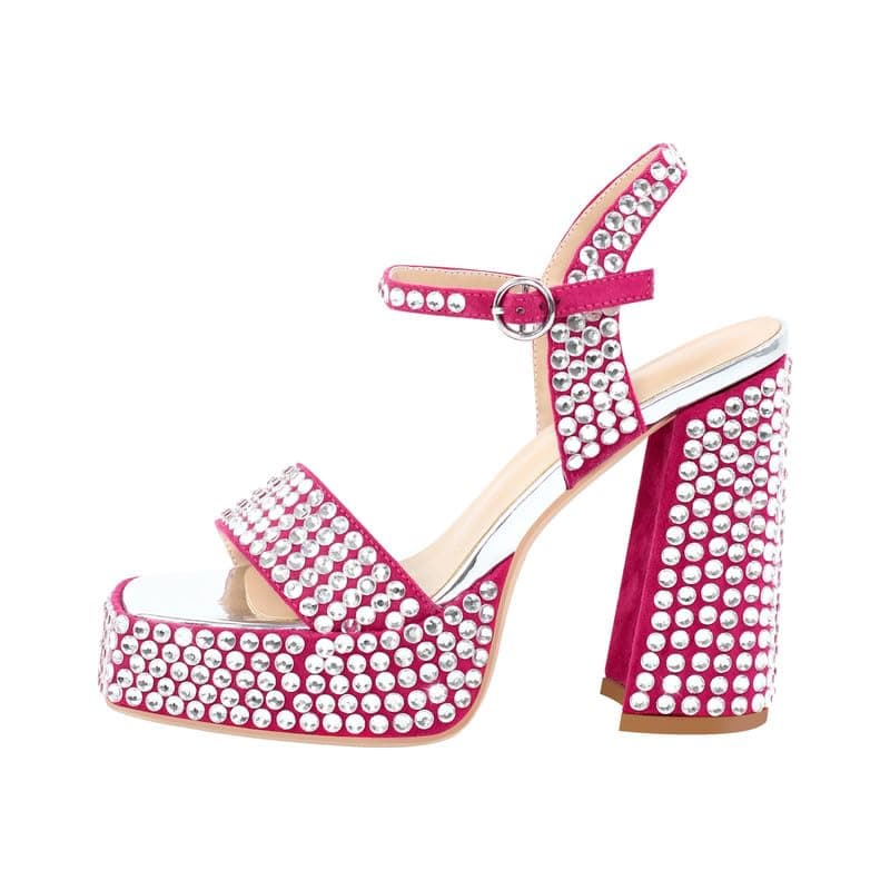 Richealnana Women's Rhinestone Platforms Chunky Heel Sandals — Pink