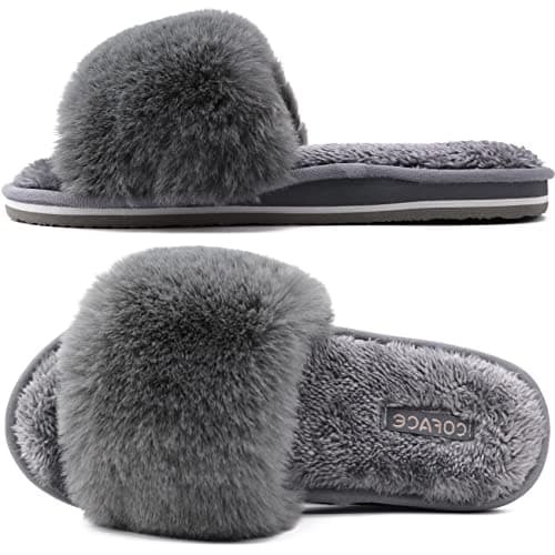 COFACE Women's Memory Foam Plush Slip-On Slippers Anti-Skid Fur Indoor Outdoor — Grey With Fur