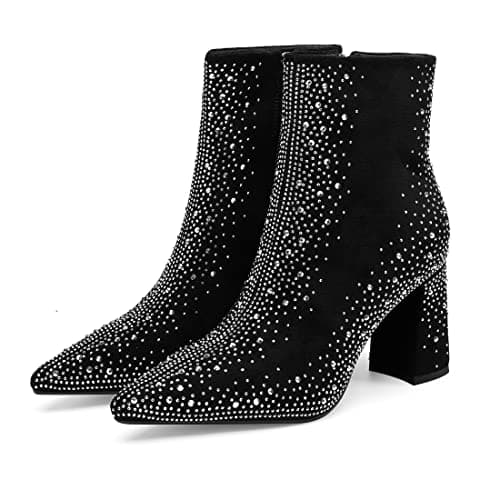 Perisis Women's Sparkly Rhinestone Block Heel Ankle Boots