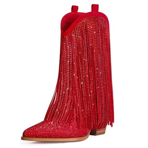 Ouepiano Women's Rhinestone Cowboy Boots with Sparkly Fringe — Red