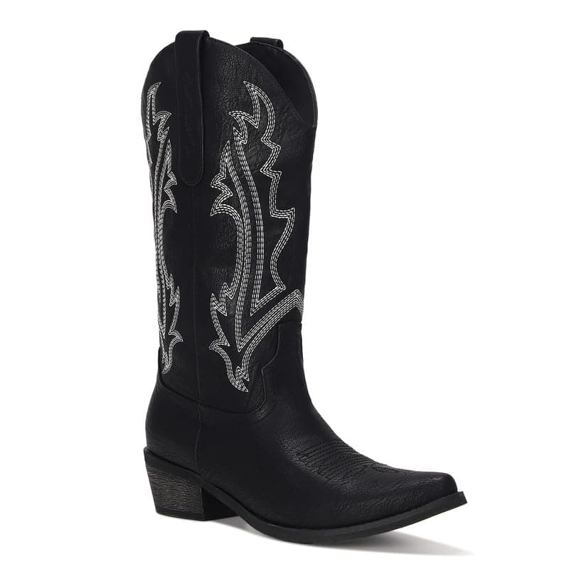 RURUNA Women's Black Mid Calf Square Toe Cowboy Boots — Black