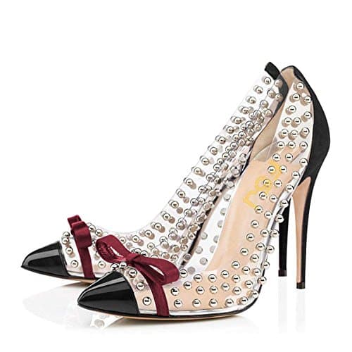 FSJ Women's Studded Pointed Toe Transparent High Heels with Bowknot US 4-15 M — Black