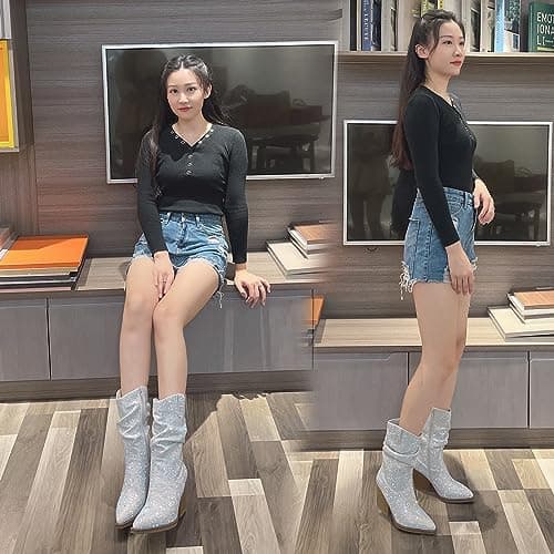 Rhinestone Boots for Women - Sparkly Cowboy Booties with Chunky Block Heel, Pearl Detail, and Pointed Toe