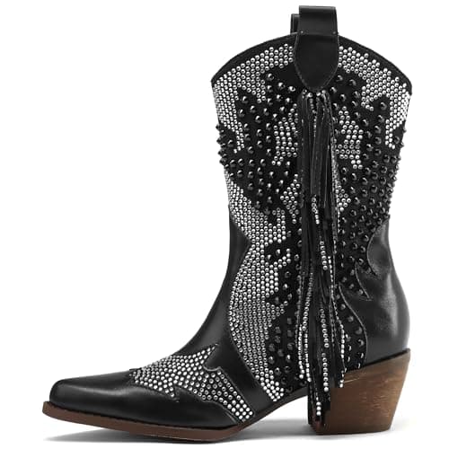 Western Women's Pointed Toe Rhinestone Ankle Boots with Tassels — Black