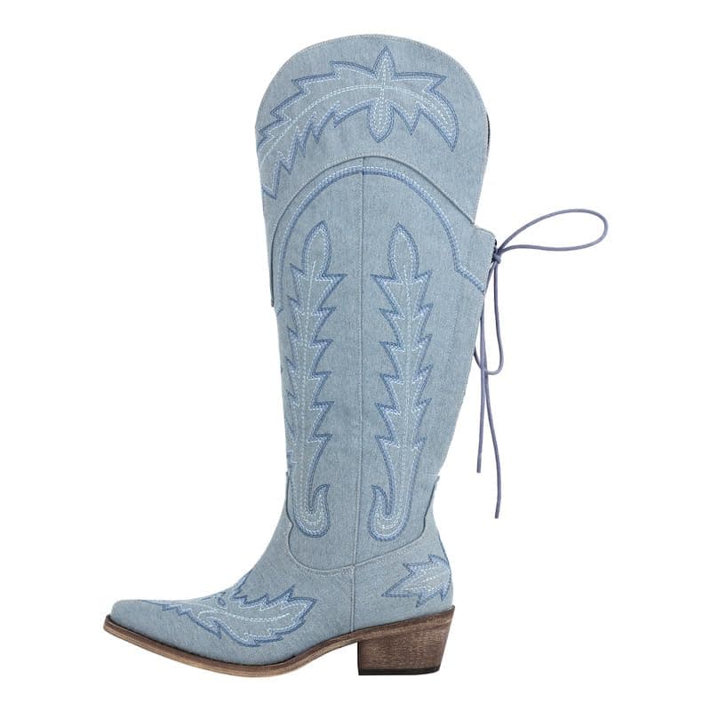Western Cowboy Boots for Women Embroidered Thigh-High Cowgirl Style — Denim-knee High