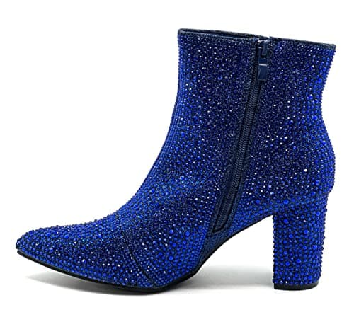 Forever Women's Rhinestone Chunky Ankle Bootie — Royal Blue Rhinestone