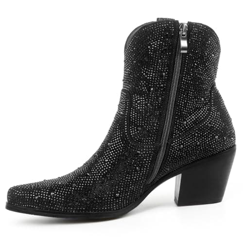 MISSMILLER Women's Sparkly Rhinestone Cowgirl Boots Pointed Toe Chunky Heels