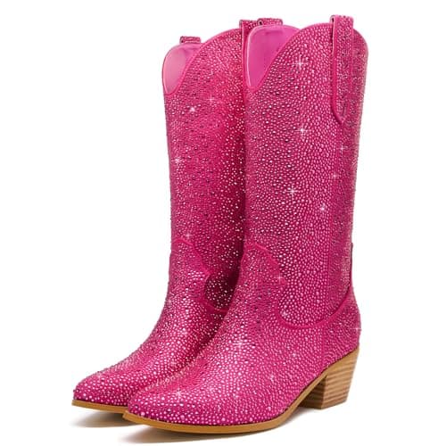 Sparkle Rhinestone Cowboy Boots for Women Western Mid Calf Glitter Pull-on Zipper Boots — Fuchsia