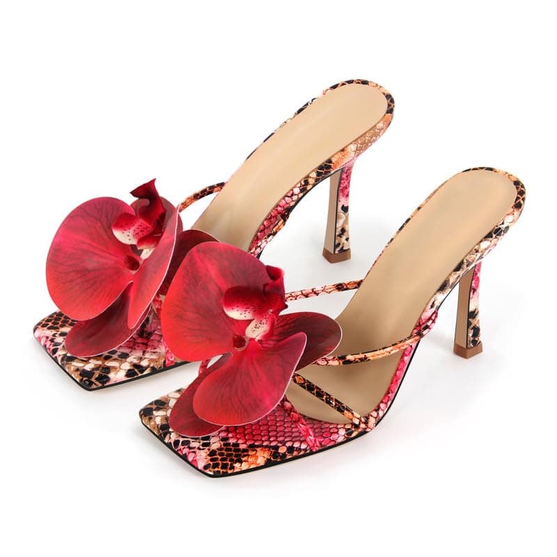 Richealnana Women's Clear Square Toe Stiletto Heel Slip-On Mules — Red-flower