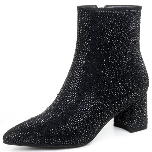 MISSMILLER Rhinestone Chunky Heel Pointed Toe Ankle Boots for Women — Black-rhinestone