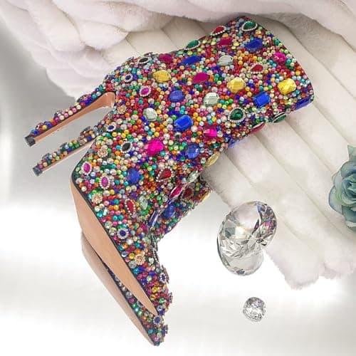 HOCHFART Women's Rhinestone High Heel Boots