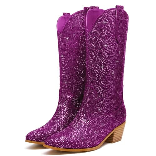 Sparkle Rhinestone Cowboy Boots for Women Western Mid Calf Glitter Pull-on Zipper Boots — Burgundy