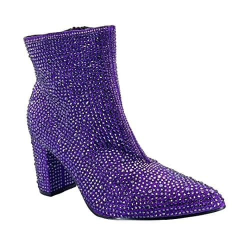 ABSOLEX Women's Pointed Toe Rhinestone Ankle Booties Heel — Purple