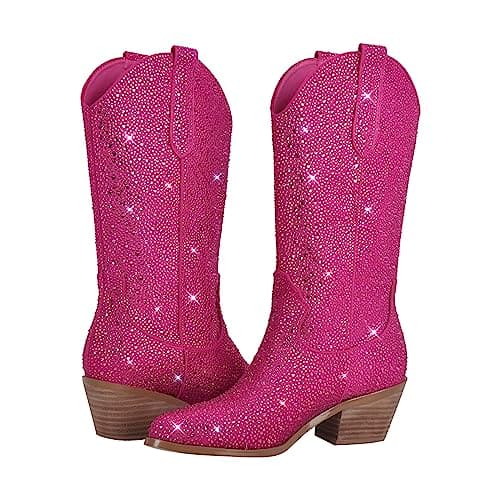 Richealnana Women's Rhinestones Mid Calf Block Heel Boots with Crystals