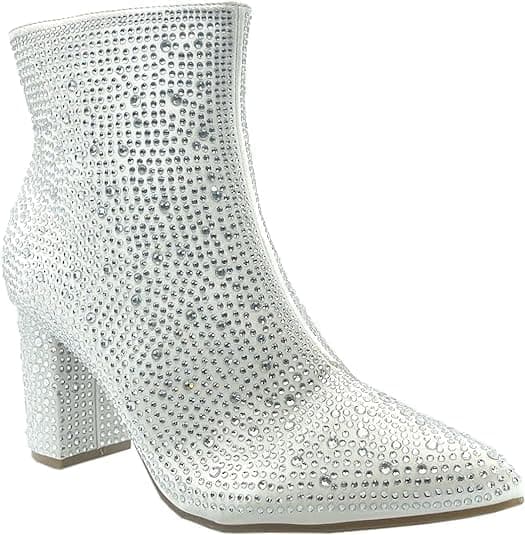 Forever Women's Rhinestone Chunky Ankle Bootie — White Rhinestone