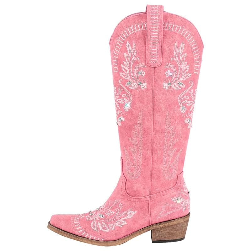 Richealnana Women's Cowgirl Short Embroidered Boots with Chunky Heels — Pink Suede-d