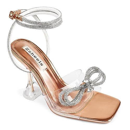 Zzheels Clear Crystal Double Bowknot Slingback Heels for Party and Weddings — 3.74"champagne