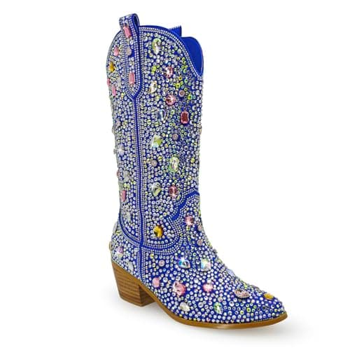 KEEISEA Women's Sparkle Rhinestone Cowboy Boots Wide Glitter Fashion Party