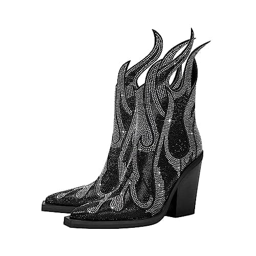 Feinlina Women's Sparkly Rhinestone PointedToe Chunky Heeled Cowboy Booties