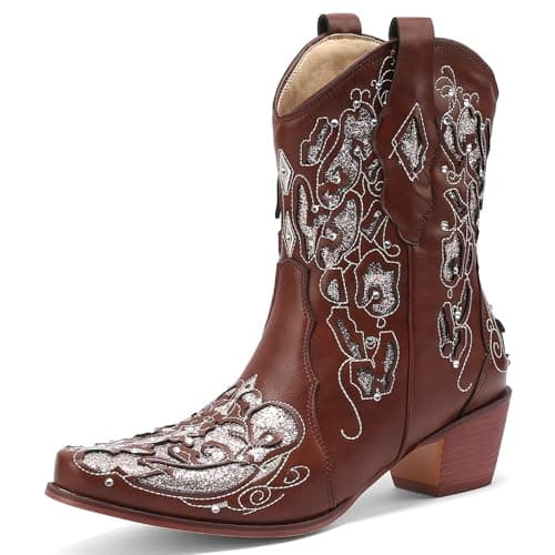 KiutSymo Sparkly Vintage Embroidered Cowgirl Boots Mid Calf Heel Wedding Western — Dark Brown1