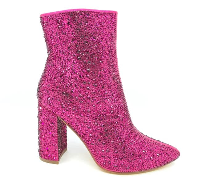 PAZZLE Women's Rhinestone Block Heel Short Knee High Booties Runway-01 — Fuchsia