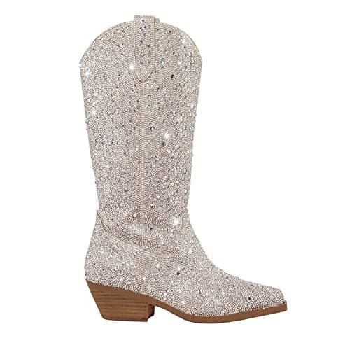 Atuelang Women's Sparkly Rhinestone Knee High Cowboy Boots