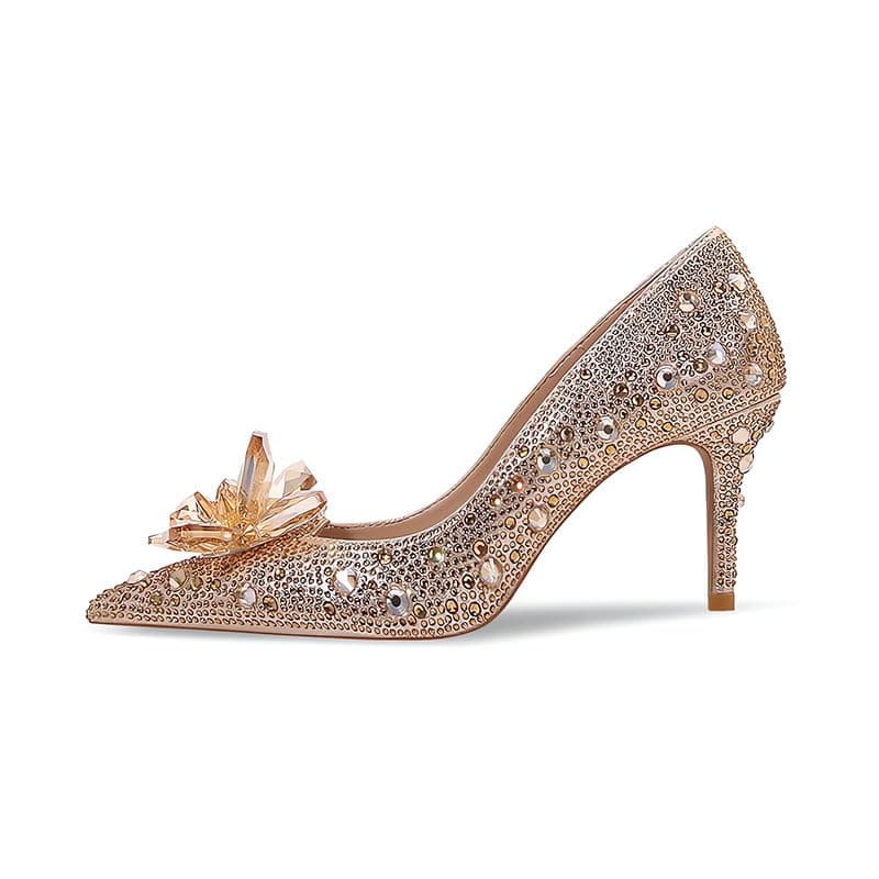 Sexytag Women's Crystal Rhinestone Pointed Toe Clear Stiletto Heels — Gold