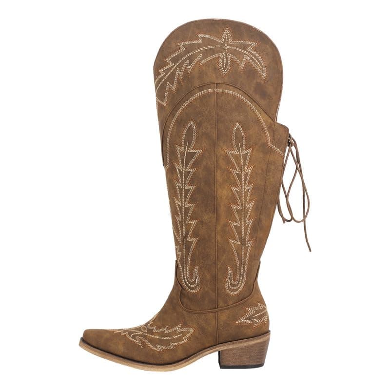 Western Cowboy Boots for Women Embroidered Thigh-High Cowgirl Style — Brown-knee High