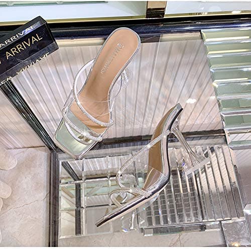 Richealnana Women's Clear Strap Rhinestone Square Toe Sandal Mules