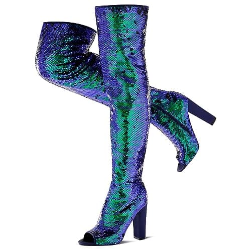 KHPAERMEI Sparkly Women's Over-The-Knee Sequin Boots for Party Prom — Blue