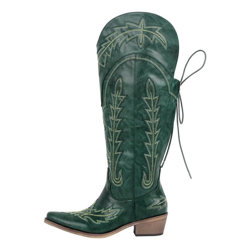 Western Cowboy Boots for Women Embroidered Thigh-High Cowgirl Style — Green-knee High