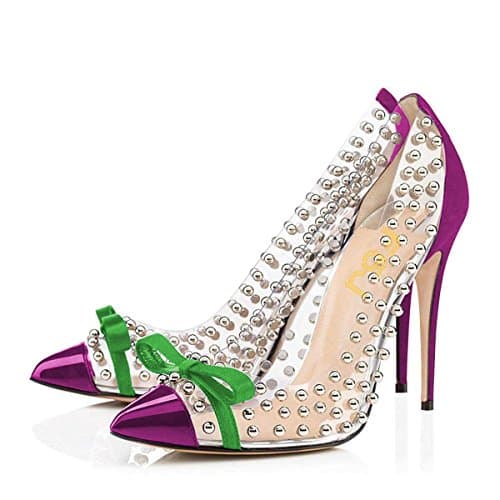 FSJ Women's Studded Pointed Toe Transparent High Heels with Bowknot US 4-15 M — Purple