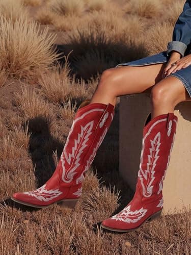 STALOV Women's Western Knee High Embroidered Cowboy Boots