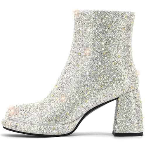 FINDVELL Chunky Heeled Sparkly Rhinestone Wedding Booties Glitter Ankle Shoes